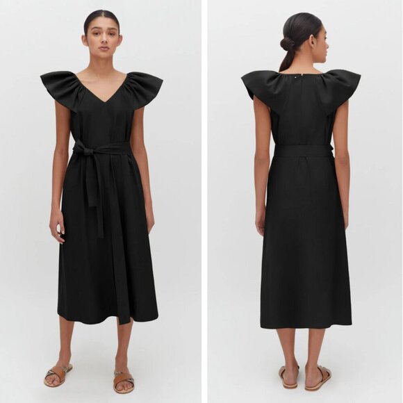 NEW Cuyana Linen Flutter Sleeve Dress Midi Black Breathable Vacation Beach Pool - Picture 1 of 9